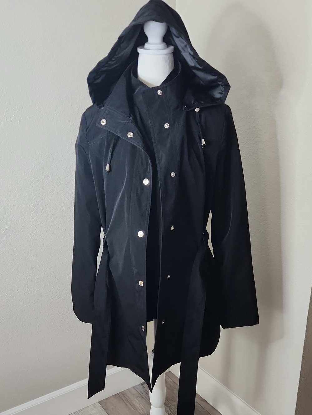 Nautica Black Hooded Trench Coat with Belt